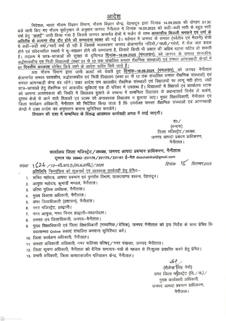 BREAKING NEWS: नैनीताल जिलें में बंद रहेंगे सभी स्कूल..