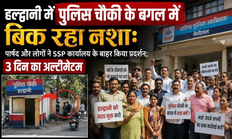 हल्द्वानी में पुलिस चौकी के बगल में बिक रहा नशा:पार्षद और लोगों ने SSP कार्यालय के बाहर किया प्रदर्शन; 3 दिन का अल्टीमेटम