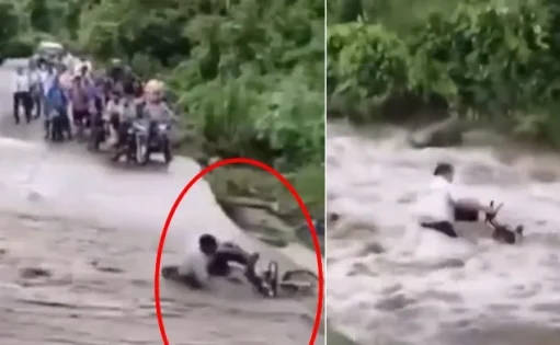 जल्दीबाजी के चक्कर में जोखिम, देखिए कैसे नाले के उफान में बह गया बाइक सवार..Video