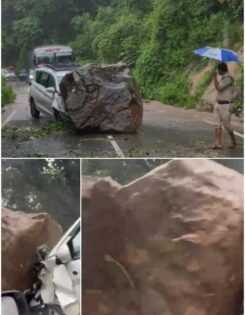 नैनीताल हल्द्वानी मार्ग पर टैक्सी गाड़ी पर गिरा विशालकाय बोल्डर, सवार बाल बाल बचे।