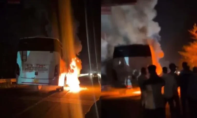 लामाचौड़ चौराहे पर बाइक टक्कर के बाद चलती बस में लगी आग, बड़ा हादसा टला