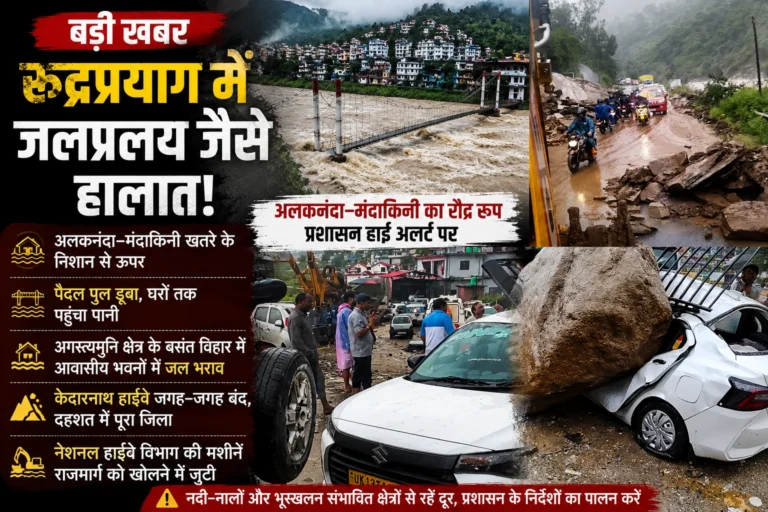 रुद्रप्रयाग में जलप्रलय का कहर! अलकनंदा–मंदाकिनी खतरे के निशान से ऊपर, पैदल पुल डूबा, केदारनाथ हाईवे कई जगह बंद